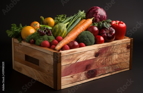 wooden box with a variety of fruit and vegetables