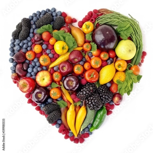 Heart of fruits and vegetables, white background
