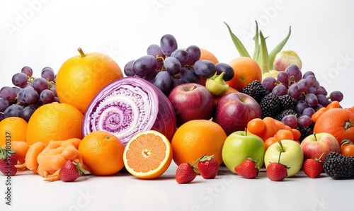 fresh vegetables and fruits lined up in a row with purple background