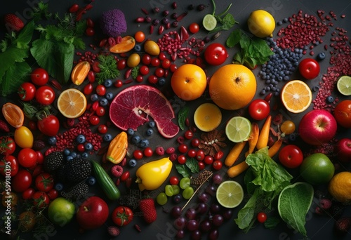 fresh vegetables and fruits lined up in a row with dark background © hakule