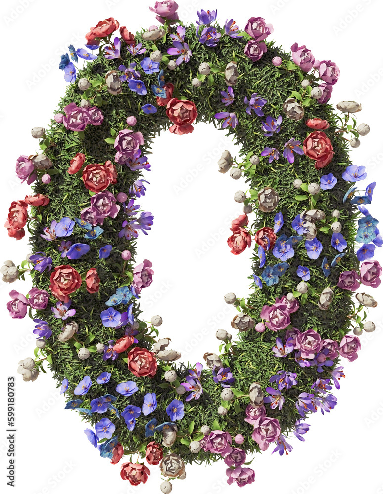 Flower Number 0, Zero. Garden floral and plants font Isolated on transparent background. 3D render Flower Number 0, Zero. Garden floral and plants font Isolated on transparent background. 3D render