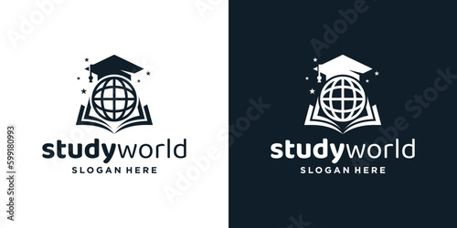 College, Graduation cap, Campus, Education logo design with world book graphic vector illustration. Symbol, icon, creative.