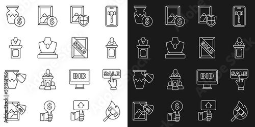 Set line Auction hammer, Price tag with Sale, auctioneer sells, painting, jewelry sale, ancient vase and sold icon. Vector