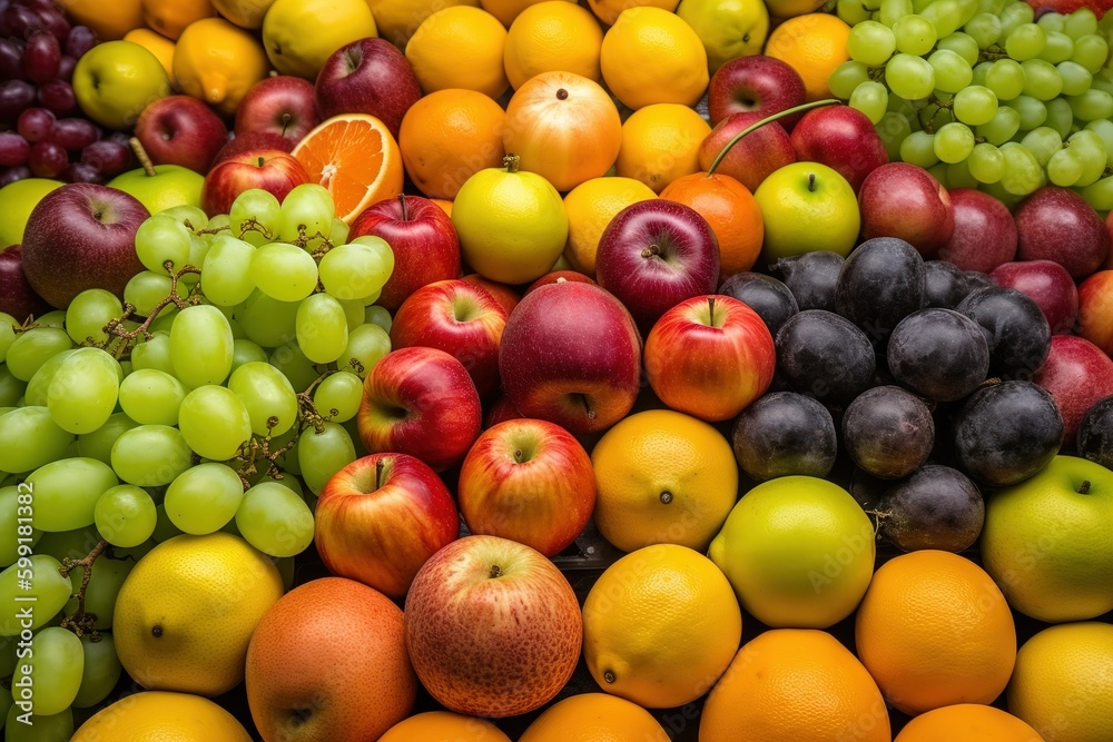 a rainbow of vegetables and fruit on the table in dark background, front view