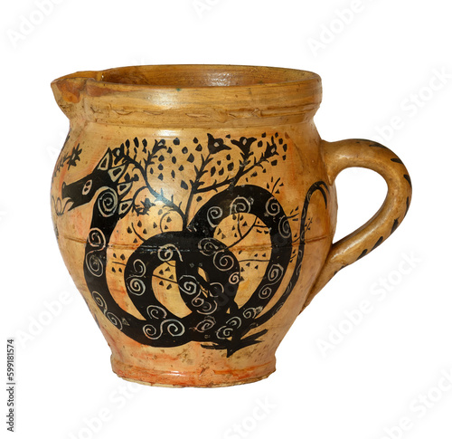 19th Century, French, Brown-Glazed Ceramic Jug or Water Cruche, ornated with a dragon or a snake, isolated on white background