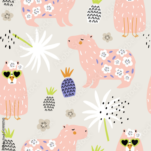 Seamless pattern with cartoon cute capybara animal. Summer texture with funny animal. Vector texture