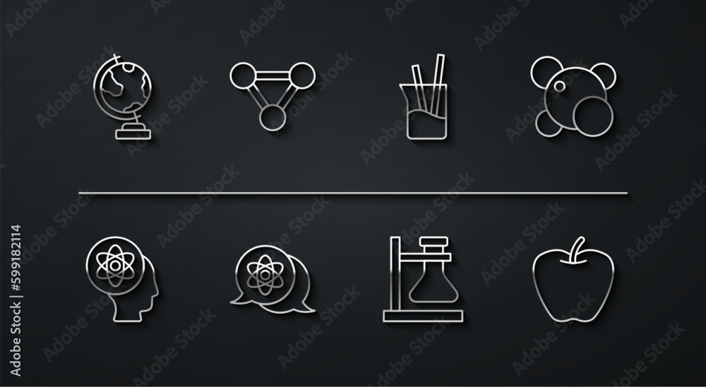 Set line Earth globe, Atom, Molecule, Test tube flask on stand, Apple and Laboratory glassware icon. Vector