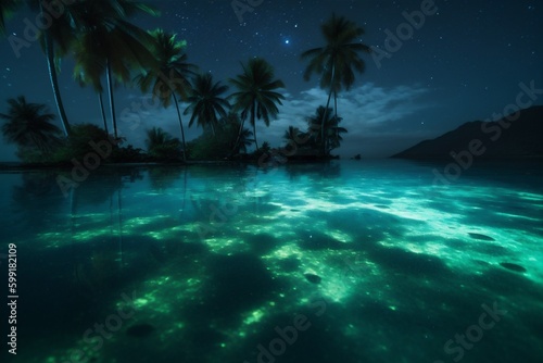tropical luminous beach tree paradise blue palm sky night ocean vacation. Generative AI.