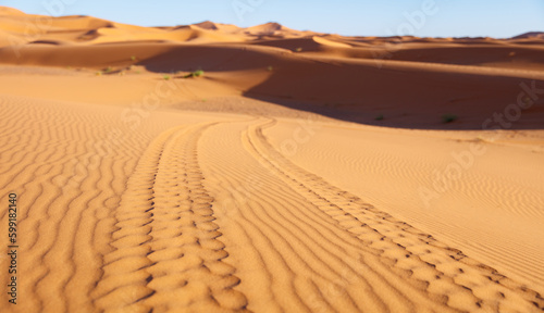 Adventure  excursion  exploration in the sahara desert- offroad safari in sand desert  tracks on the sand