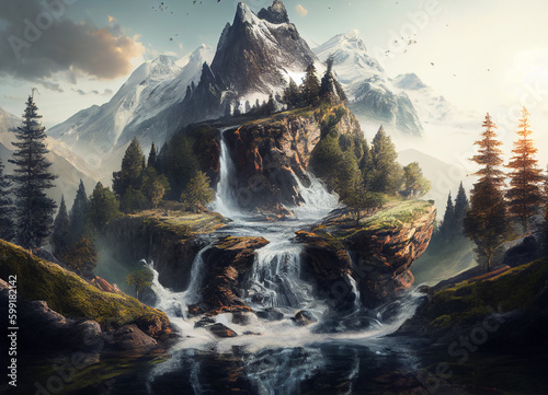  A Breathtaking Winter View of a Waterfall Descending from the Mountain Forest and Nature Scenery, Weaving a Tapestry of Ice and Snow into the Lake below