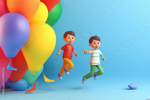 two friends or siblings boy and elder girl running with joy with flying colorful balloons and ribbons in a festive environment as wide banner with copy space area, generative AI