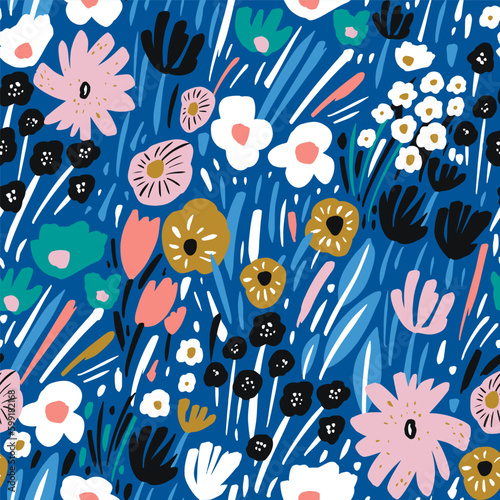 Seamless hand drawn floral pattern. High detailed botanical texture. Perfect for fabric, textile. Vector blue background