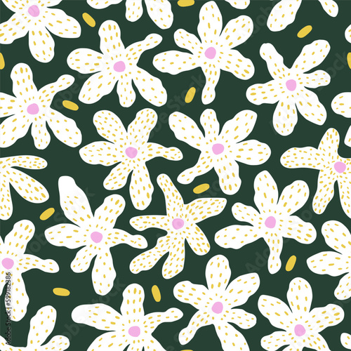 Fototapeta Naklejka Na Ścianę i Meble -  Seamless jungle floral pattern. Hand drawn white tropical flowers. Vector texture for fabric, textile, wallpaper.