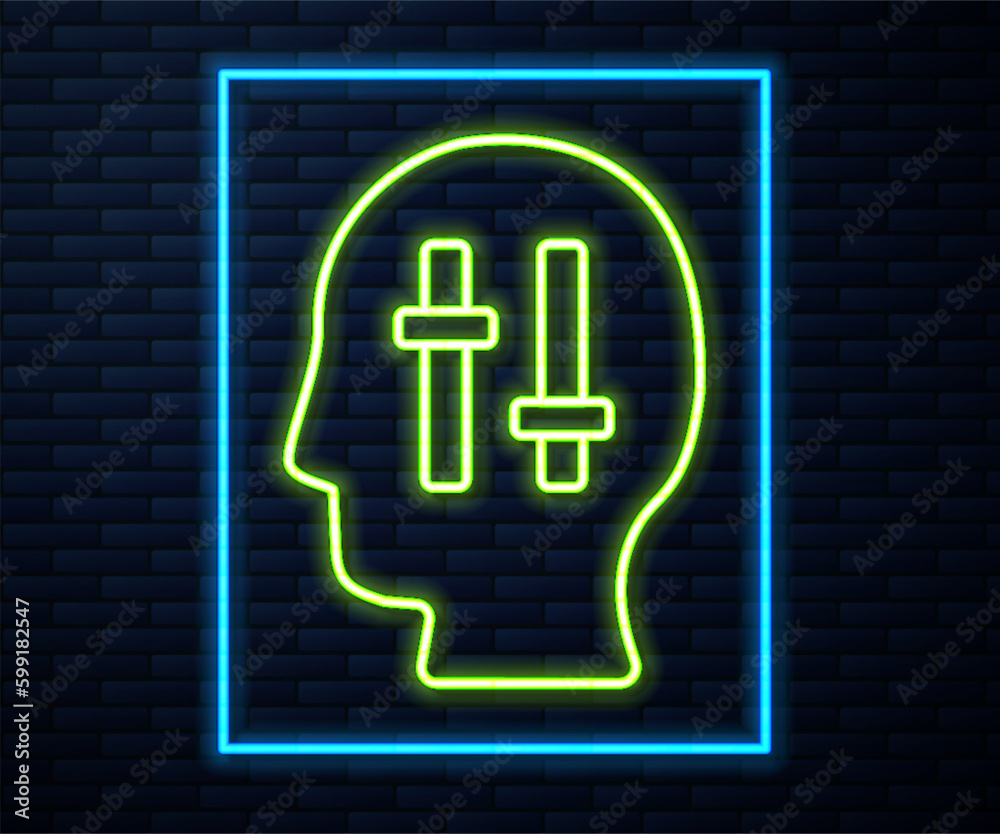 Glowing neon line Solution to the problem in psychology icon isolated on brick wall background. Puzzle. Therapy for mental health. Vector Glowing neon line Solution to the problem in psychology icon isolated on brick wall background. Puzzle. Therapy for mental health. Vector