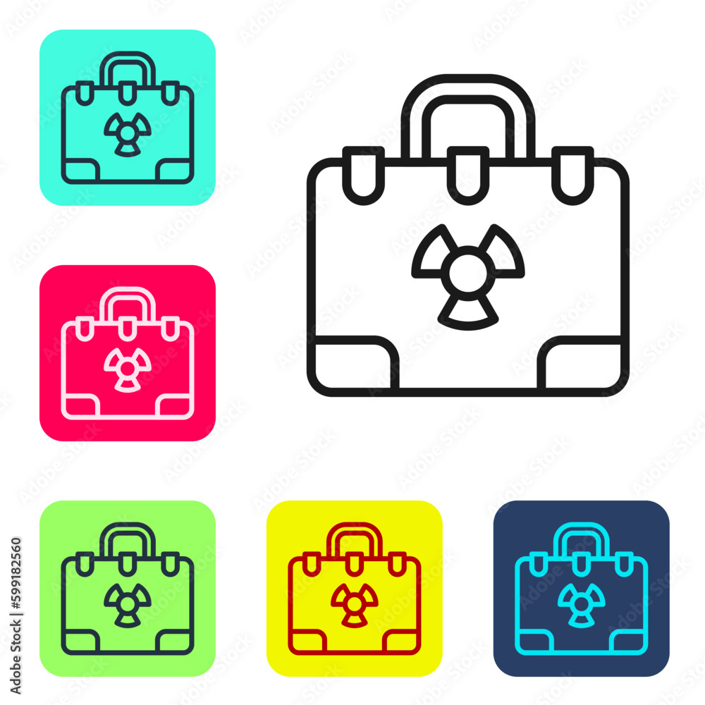 Black line Radiation nuclear suitcase icon isolated on white background. Set icons in color square buttons. Vector Black line Radiation nuclear suitcase icon isolated on white background. Set icons in color square buttons. Vector