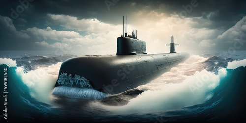 Generic military nuclear submarine floating in the middle of the ocean while shooting an undersea torpedo missile, wide banner with copy space area, generative AI