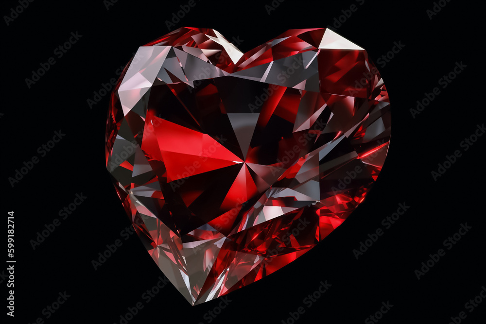 A pristine red crystal heart-shaped sculpture rests serenely on a smooth red backdrop, its sparkling facets exuding a sense of wonder and enchantment. generative AI.