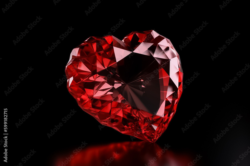 A pristine red crystal heart-shaped sculpture rests serenely on a smooth red backdrop, its sparkling facets exuding a sense of wonder and enchantment. generative AI.