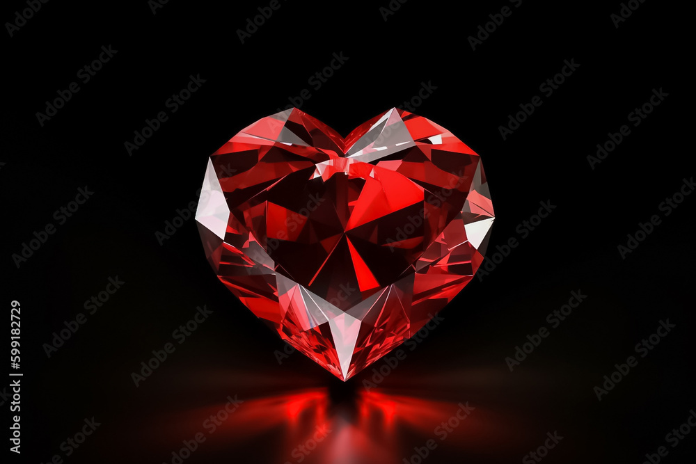 A pristine red crystal heart-shaped sculpture rests serenely on a smooth red backdrop, its sparkling facets exuding a sense of wonder and enchantment. generative AI.