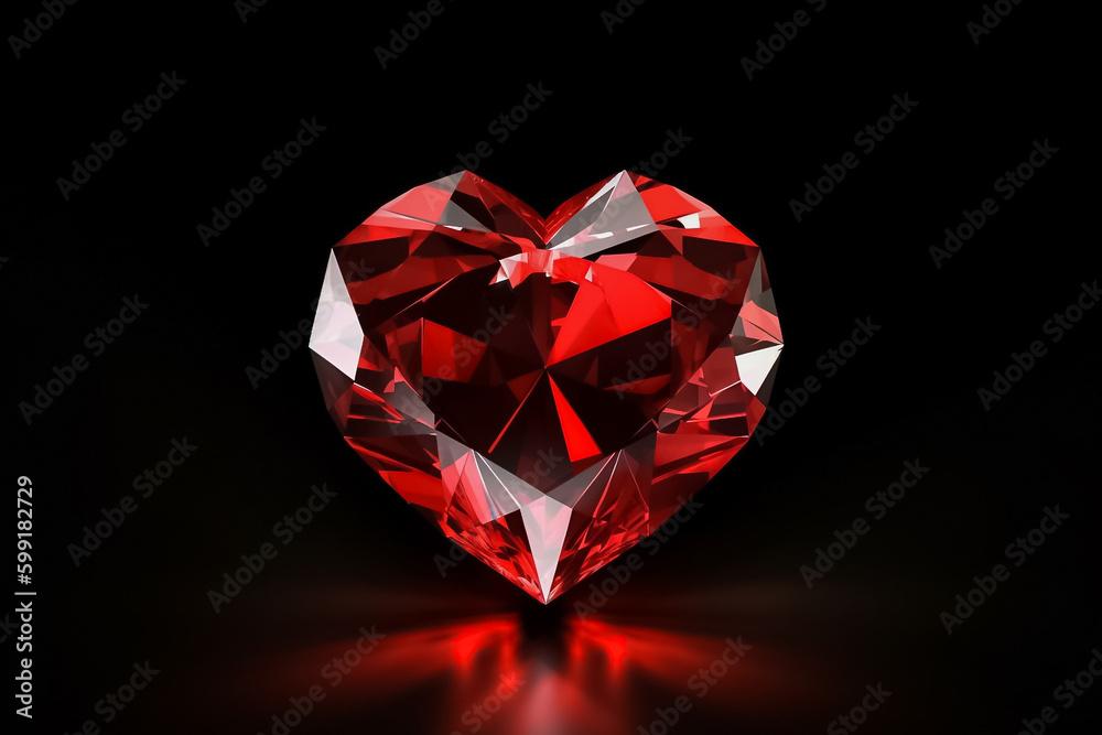 A pristine red crystal heart-shaped sculpture rests serenely on a smooth red backdrop, its sparkling facets exuding a sense of wonder and enchantment. generative AI. A pristine red crystal heart-shaped sculpture rests serenely on a smooth red backdrop, its sparkling facets exuding a sense of wonder and enchantment. generative AI.