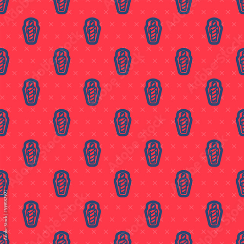 Blue line Egypt mummy in sarcophagus icon isolated seamless pattern on red background. Vector