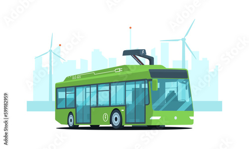 Electric city bus charging from a charging station against the backdrop of an abstract cityscape. Vector illustration.