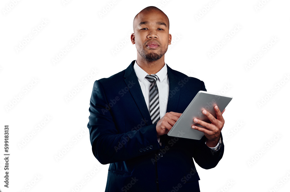 Touching his way to corporate success. Studio shot of a handsome young businessman using a tablet against a white background. Touching his way to corporate success. Studio shot of a handsome young businessman using a tablet against a white background.