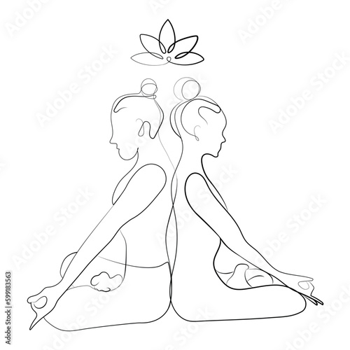Man and woman in lotus pose yoga meditation line art drawing vector illustration.Simple line drawing two persons sit back to back in lotus position.Silhouette meditating people