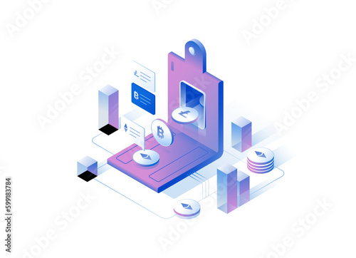 Isometric Crypto Currency Cryptocurrency Illustration Blockchain trading investment conversion security NFT Wallet Game Music Movie Product Digital Mining Technology IOT IT