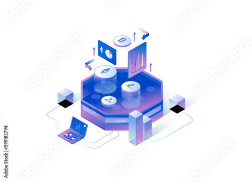 Isometric Crypto Currency Cryptocurrency Illustration Blockchain trading investment conversion security NFT Wallet Game Music Movie Product Digital Mining Technology IOT IT