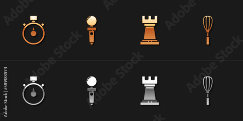 Set Stopwatch, Joystick for arcade machine, Business strategy and Kitchen whisk icon. Vector