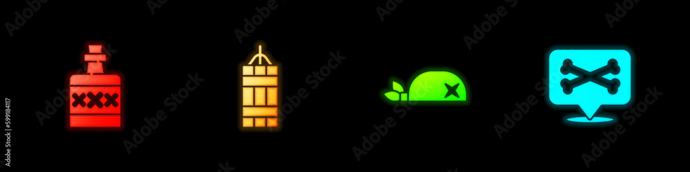 Set Alcohol drink Rum, Dynamite bomb, Pirate bandana for head and Location pirate icon. Vector Set Alcohol drink Rum, Dynamite bomb, Pirate bandana for head and Location pirate icon. Vector