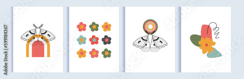 Set of modern abstract posters, covers, backgrounds. Line art, butterflies, flowers, abstract and geometric shapes. Floral mid century concept. Colorful simple background, banner, flyer.