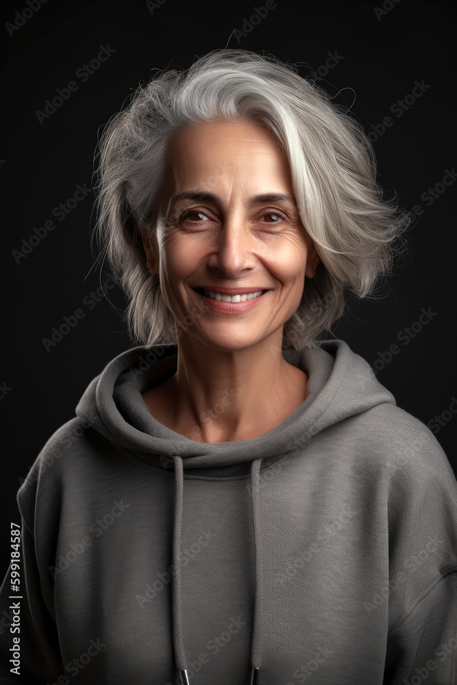 Mature woman sweatshirt with a smile looking at the camera. Senior hipster, gray hair. Generative AI