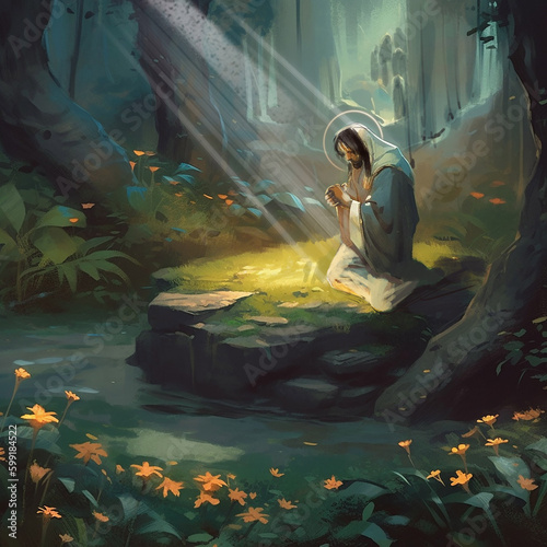 Prayer for the Chalice, Jesus Christ Prays in the Garden of Gethsemane, Holy Night, Christian Illustration, Created using generative artificial intelligence technology