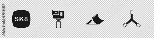 Set Skateboard, Action camera, park and Y-tool icon. Vector