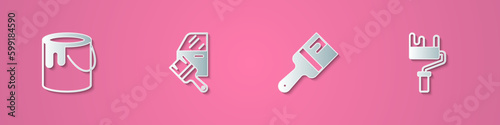 Set paper cut Paint bucket, Car painting, brush and roller icon. Paper art style. Vector