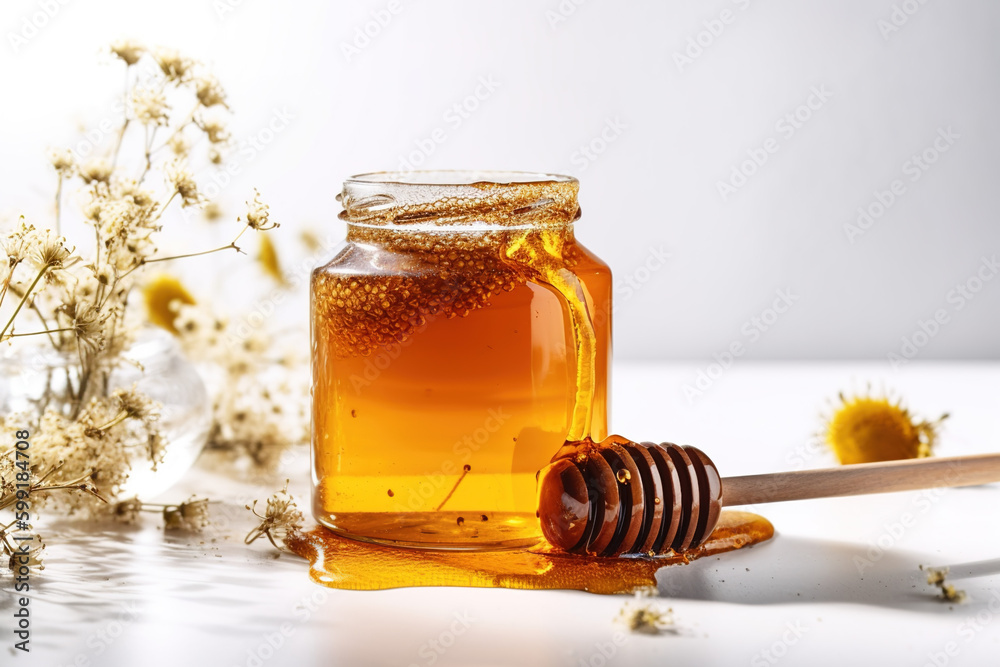 Flower honey pots with white background. generate by ai Flower honey pots with white background. generate by ai