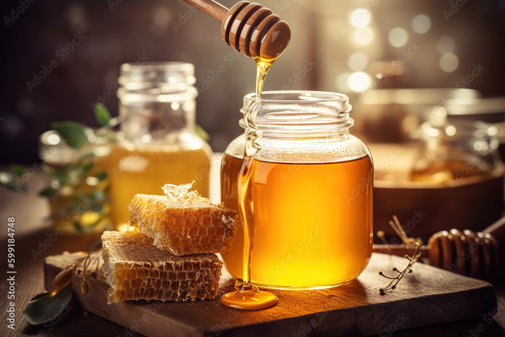 Honey pots with the dark background. generate by ai Honey pots with the dark background. generate by ai