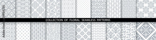 Geometric floral set of seamless patterns. White and gray vector backgrounds. Damask graphic ornaments