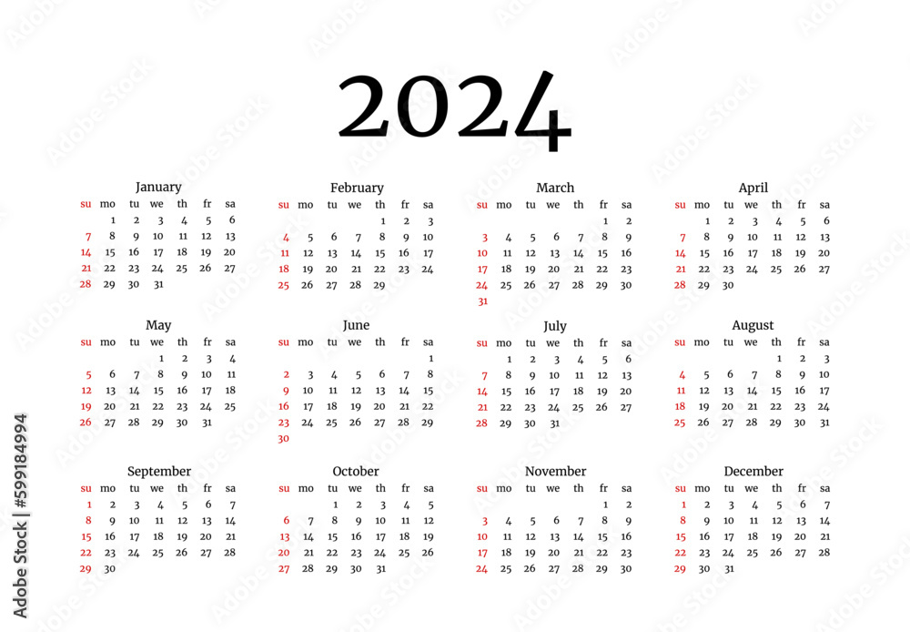Calendar for 2024 isolated on a white background Calendar for 2024 isolated on a white background