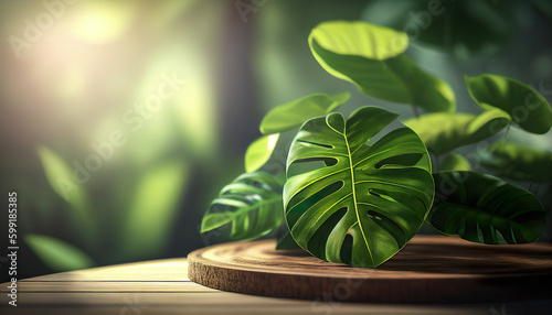 Wooden Table With Jungle Leaves And Sunny Bokeh Background - Generative AI