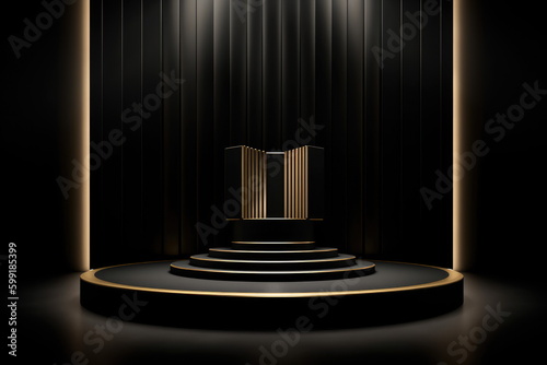 Premium Black and Gold Podium with Dramatic Lighting for Product Showcase generative ai illustration 