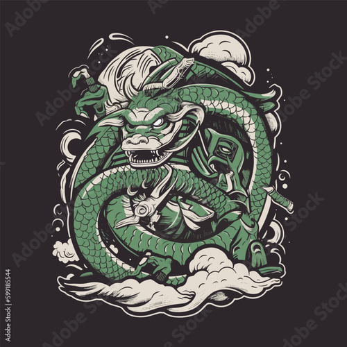 Green Japanese dragon on black background vector art t-shirt design illustration