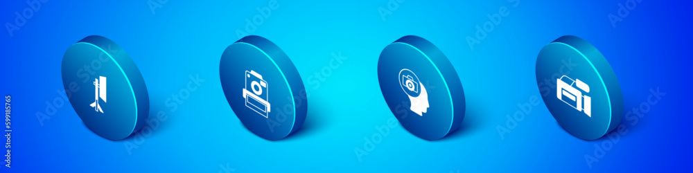 Set Isometric Studio light bulb in softbox, Photo camera, Cinema and icon. Vector Set Isometric Studio light bulb in softbox, Photo camera, Cinema and icon. Vector