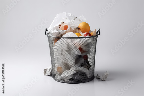 opened and full trash bin over a white background. AI