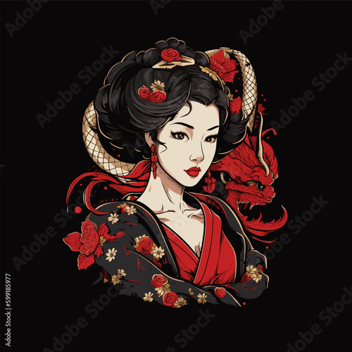 Beautiful japanese geisha with red dragon and black background vector art t-shirt design illustration