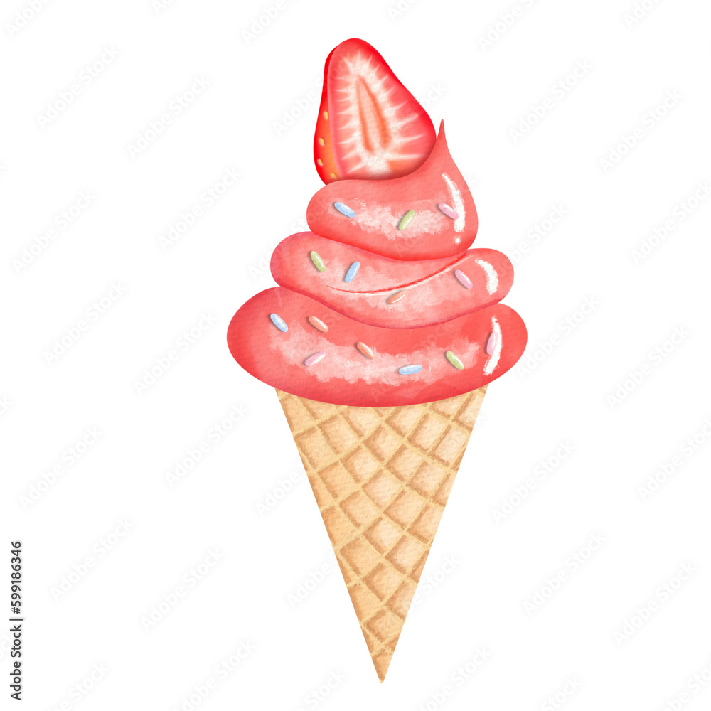Strawberry ice cream watercolor.