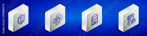Set Isometric line Animal health insurance, Veterinary clinic, Clinical record pet and Dog medicine bottle icon. Vector