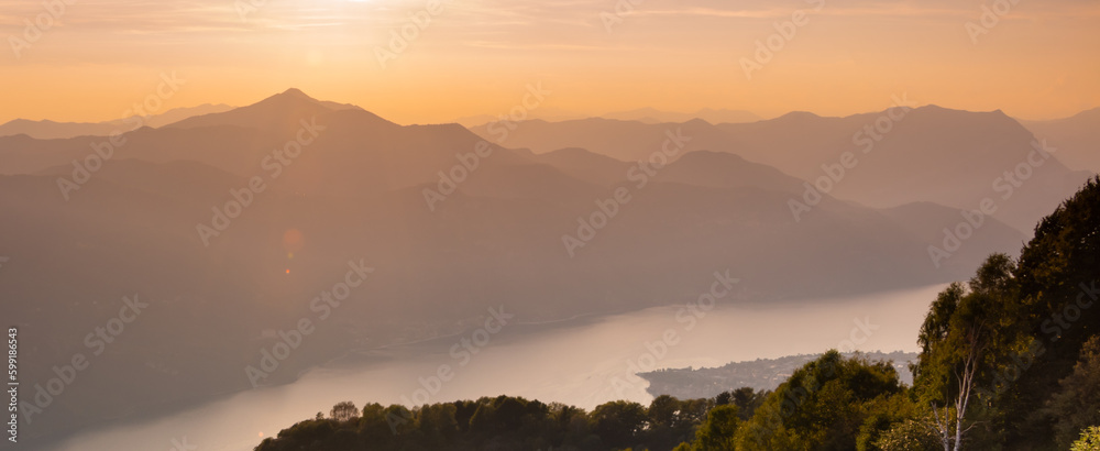 Panoramic view of a mountain lake on sunset, beautiful natural landscape